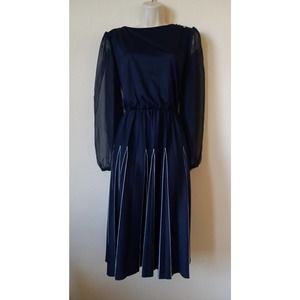 Womans Vintage Fit & Flare 60s 70s Midi Dress Navy Blue Sheer Sleeves Medium M